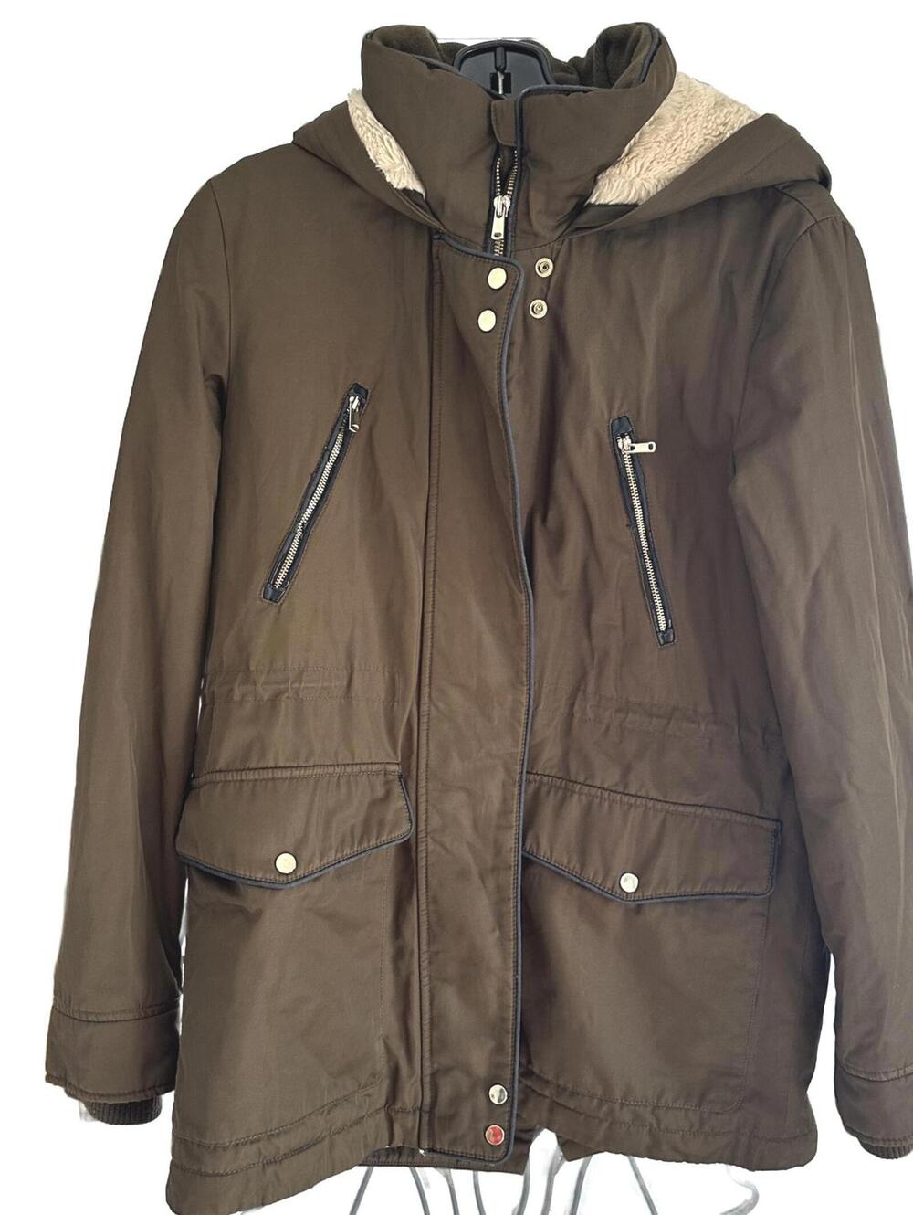 Zara Trafaluc Women's Hooded Utility Parka Olive Green Faux Sherpa Lined Coat- M
